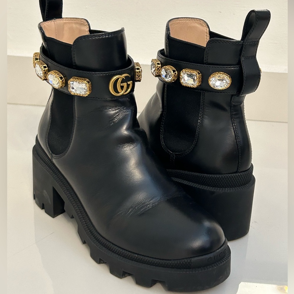 Gucci Black Leather Crystal Combat Boots